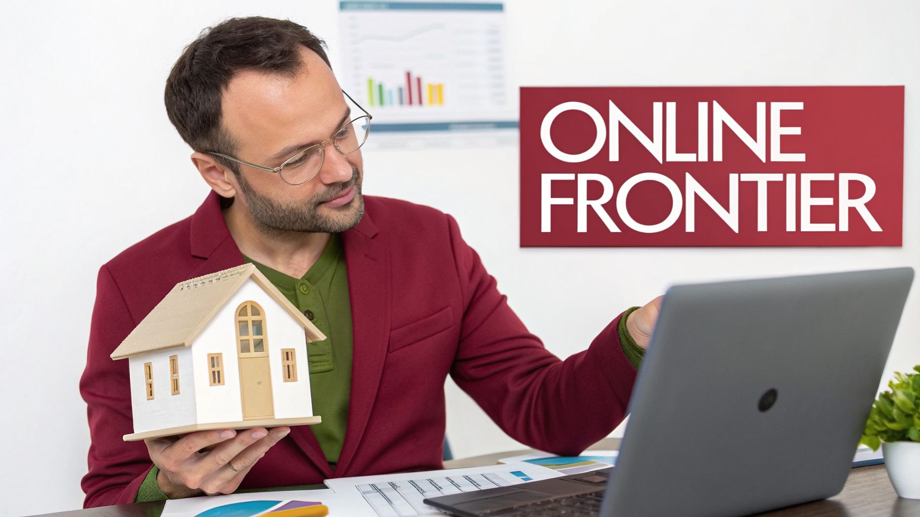 A man holds a miniature house model while looking at a laptop with an "Online Frontier" sign.