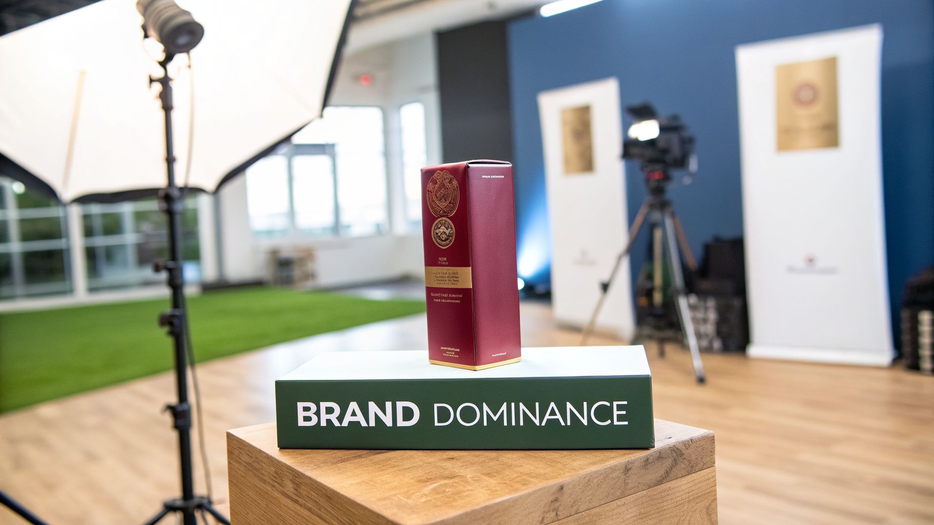 A red product box stands on a green 'BRAND DOMINANCE' display in a studio setting with a softbox light and camera.