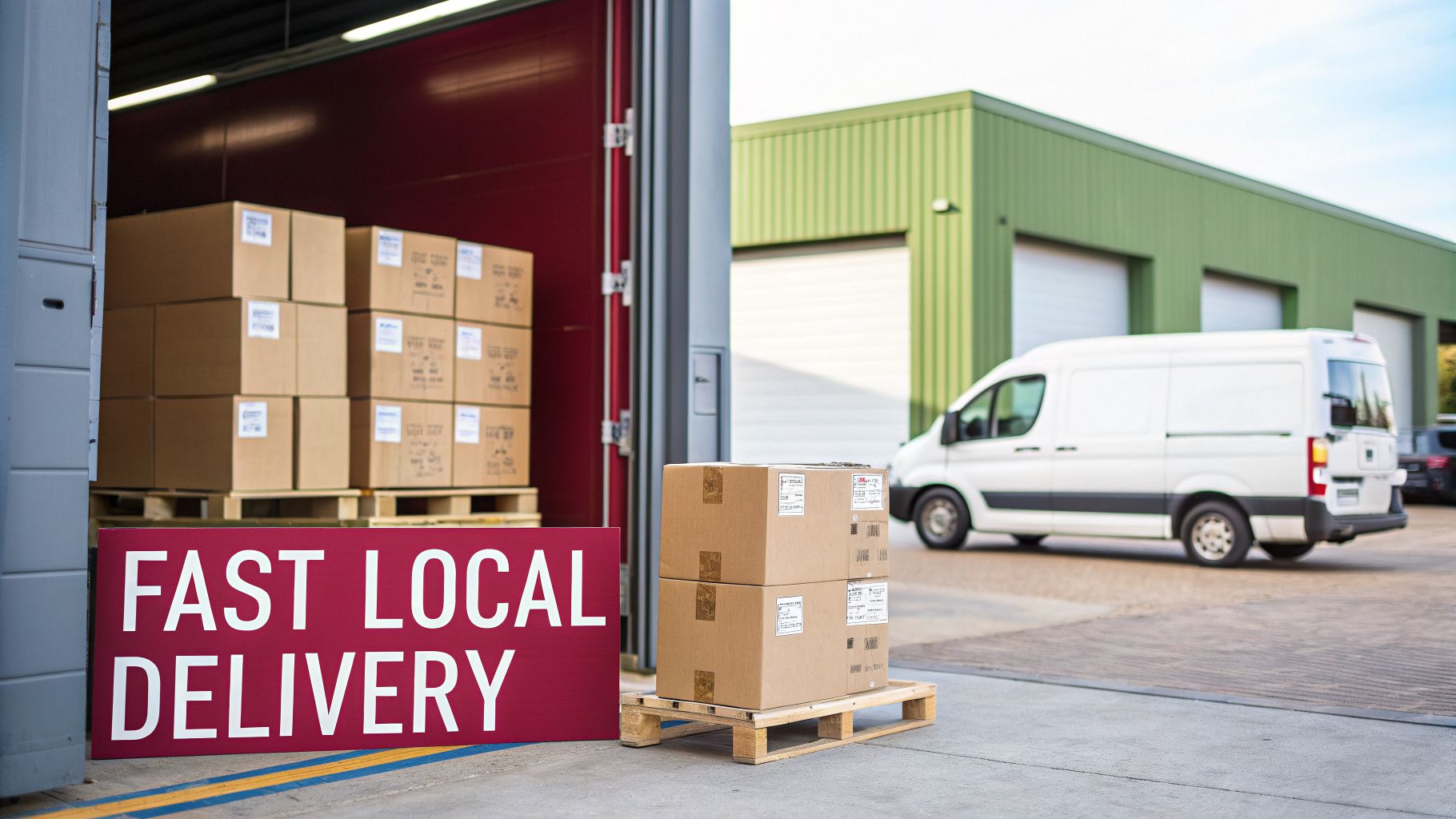 A white delivery van parked at a warehouse loading dock with stacked boxes and a red "FAST LOCAL DELIVERY" sign.