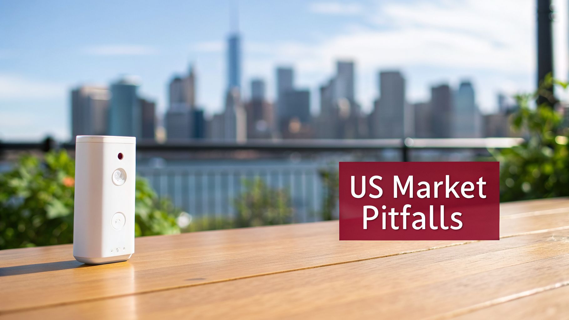 A white sensor device on a wooden table overlooking a city skyline, with 'US Market Pitfalls' text.
