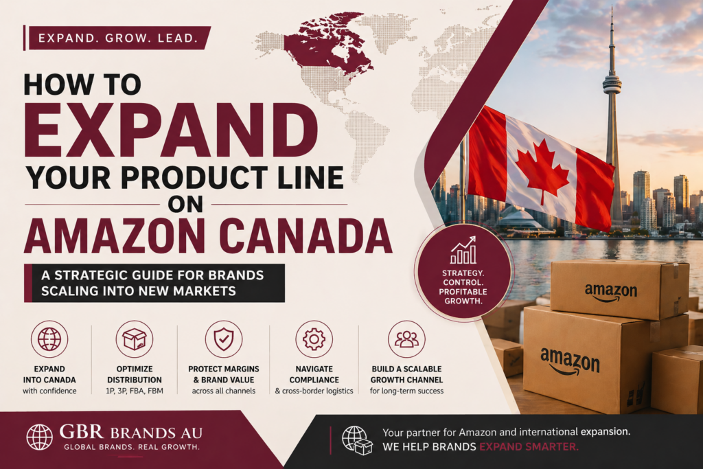 Amazon Canada expansion strategy cover image for brands scaling their product line internationally with GBR Brands AU