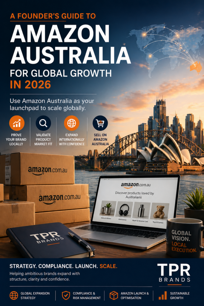 Sell on Amazon Australia cover image showing Sydney skyline, Amazon.com.au marketplace, logistics boxes, and global expansion strategy by TPR Brands