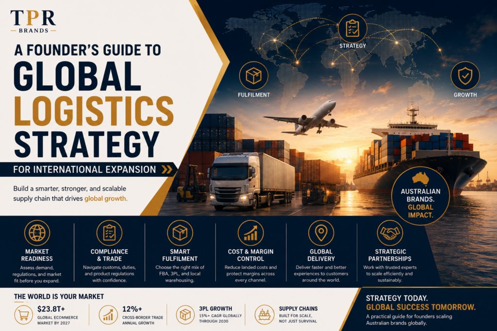 Founder reviewing global logistics strategy and supply chain planning for international expansion