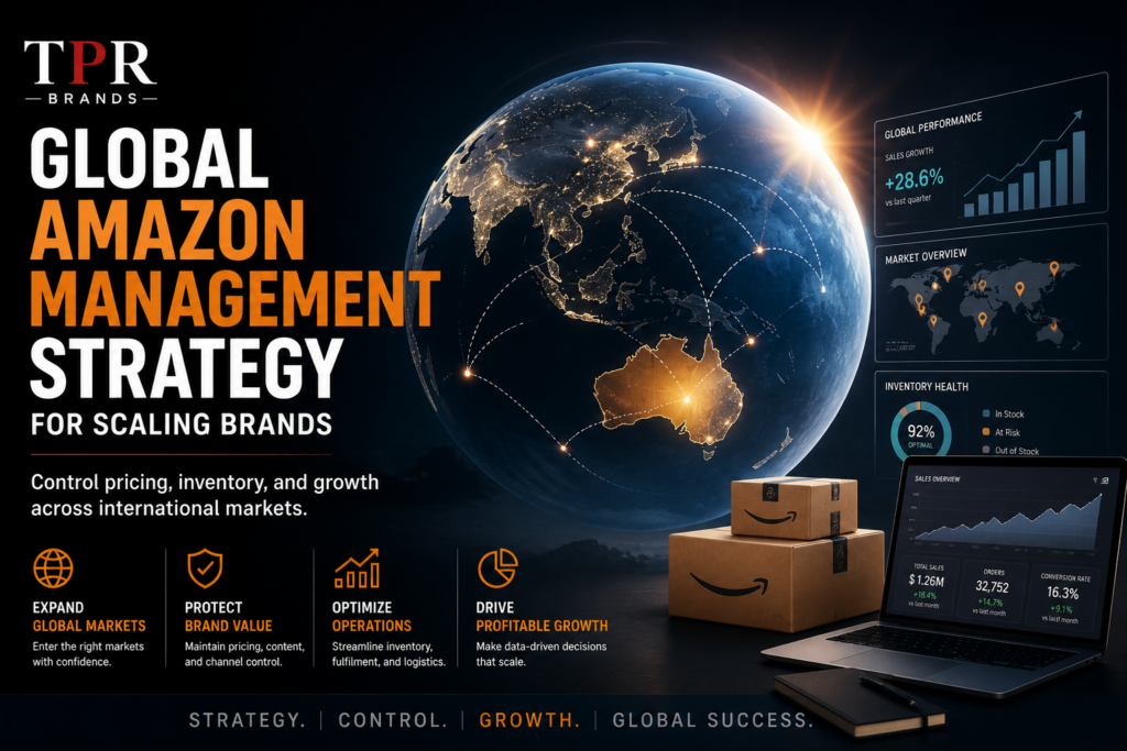 amazon management strategy for global expansion showing ecommerce growth, logistics, and international brand scaling