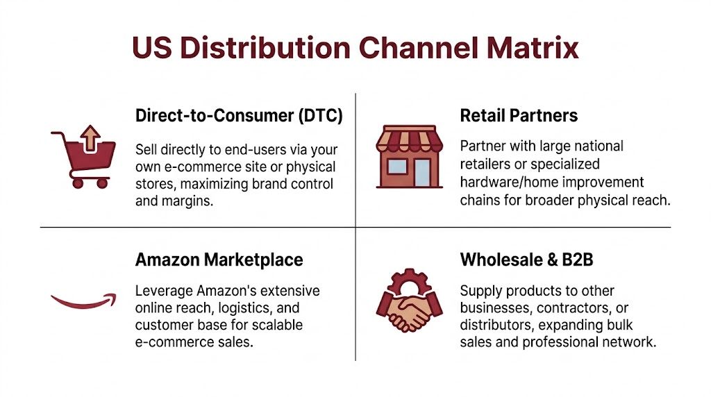 A chart detailing four key US distribution channels including DTC, retail partners, Amazon marketplace, and wholesale strategies.