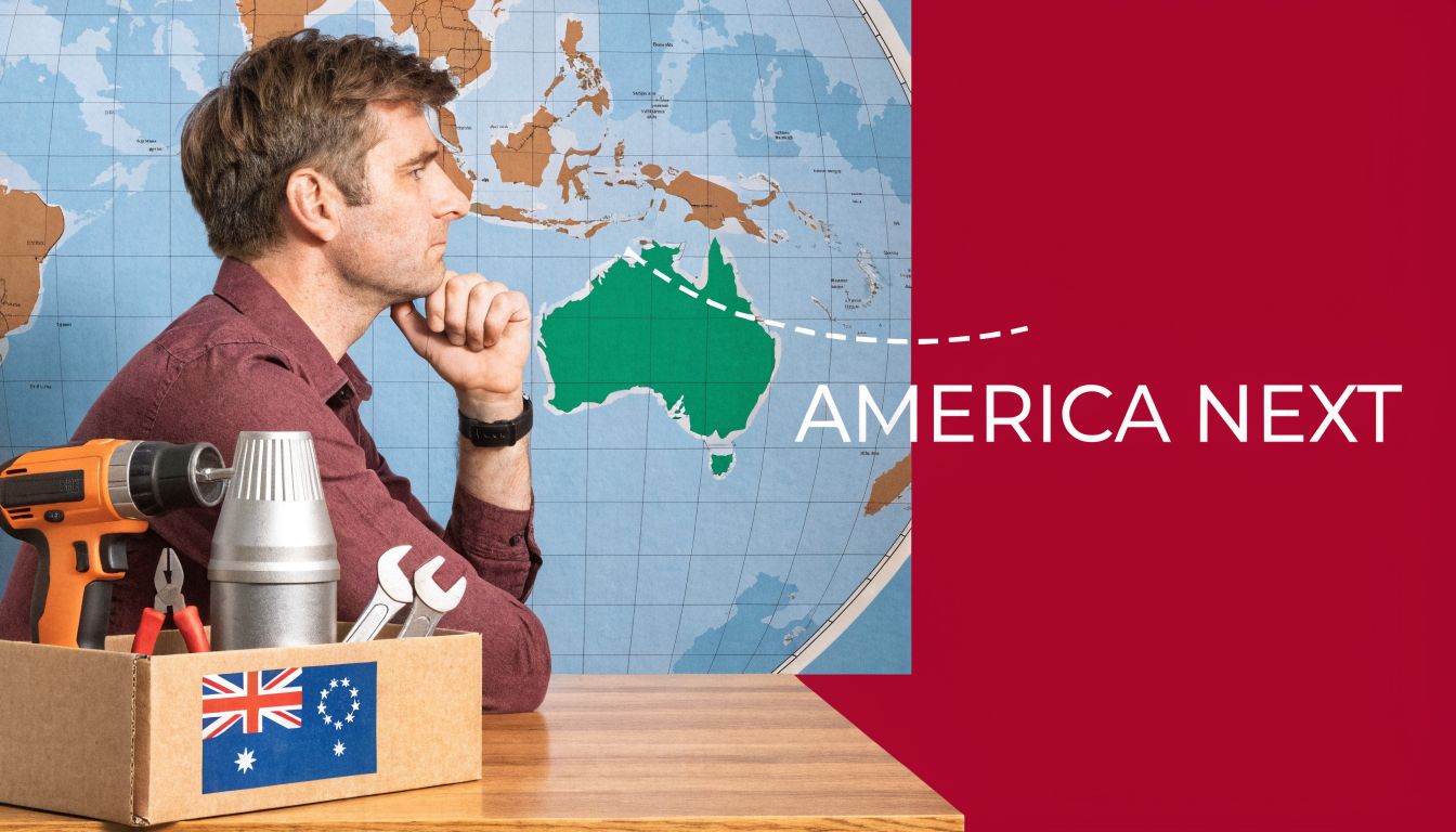 A man looking at a world map with tools in a box, representing global business expansion.