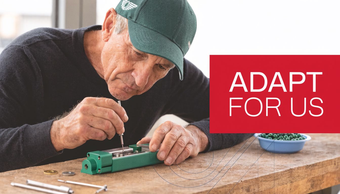 An older man focused on assembling a mechanical device on a wooden workbench in a workshop setting.