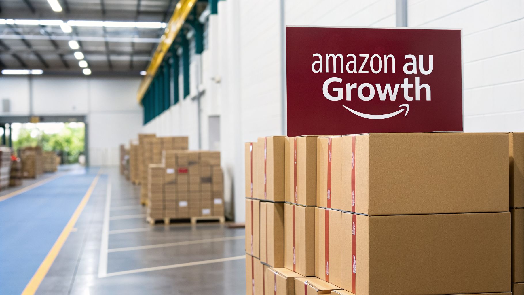 An Amazon AU Growth sign on stacked cardboard boxes in a large, well-lit warehouse aisle.