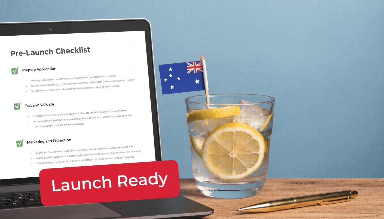A laptop showing a pre-launch checklist with an Australian flag in a glass of water nearby.