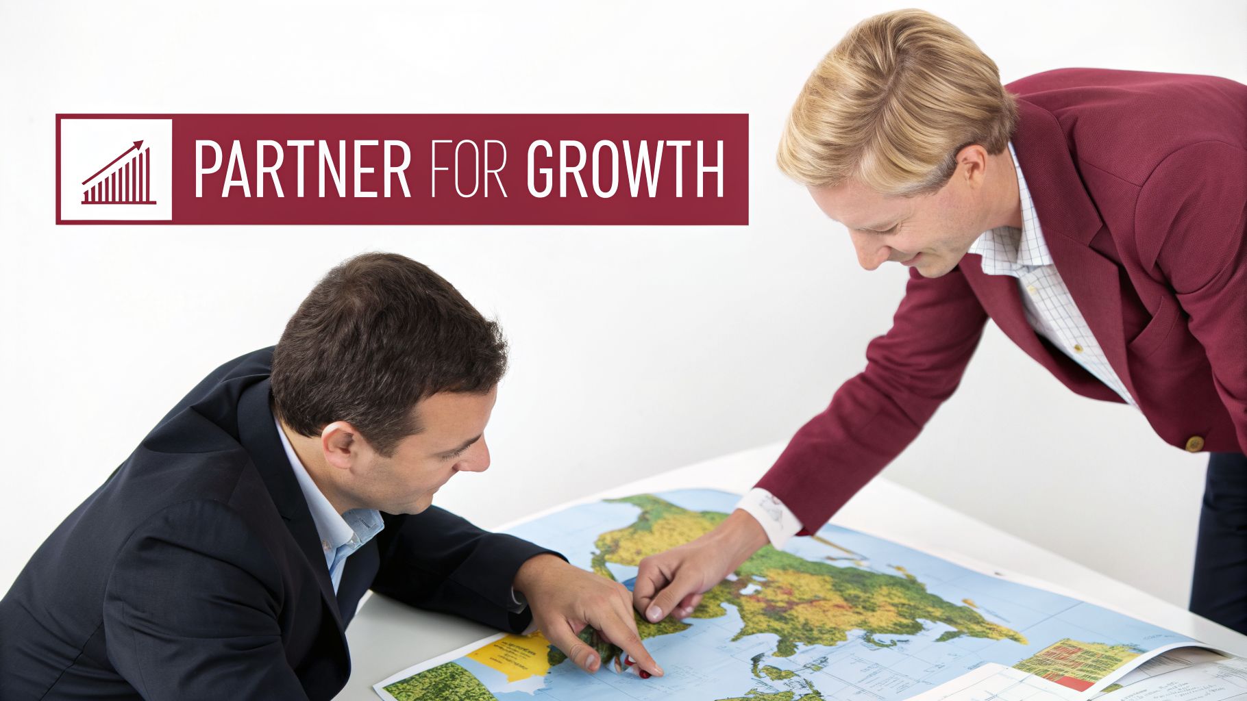 Two men in business attire discuss a large world map on a table, pointing at various locations.