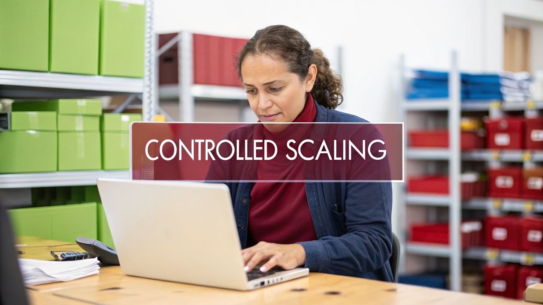 A woman works on a laptop in a warehouse with shelves of green and red boxes, showing controlled scaling.