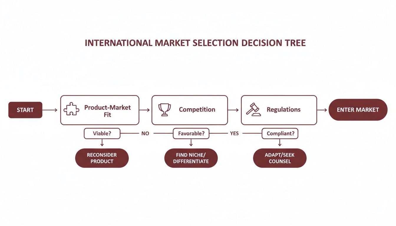 A flowchart titled 'International Market Selection Decision Tree' outlines steps for market entry, covering product-market fit, competition, and regulations.