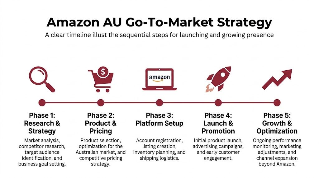 A five-phase infographic outlining the Amazon Australia go-to-market strategy for launching and growing a business.
