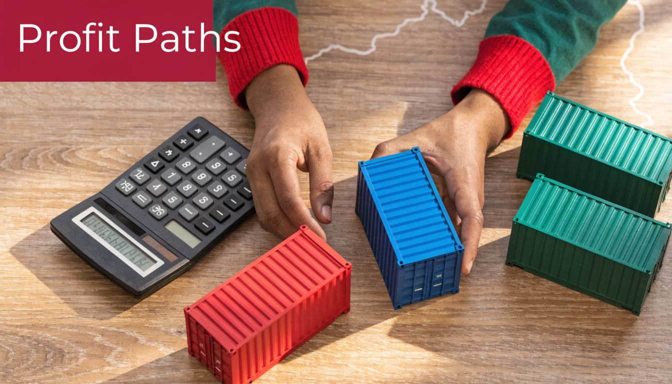 A person uses a calculator next to small shipping containers, representing international logistics and business profit planning.