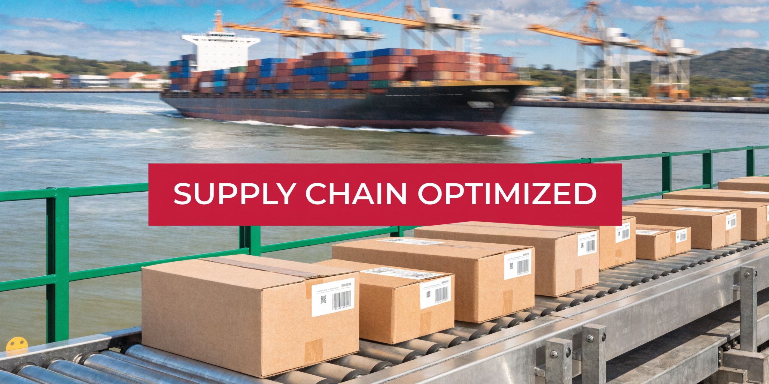 Cardboard packages moving along a roller conveyor at a shipping port with a cargo ship in background.