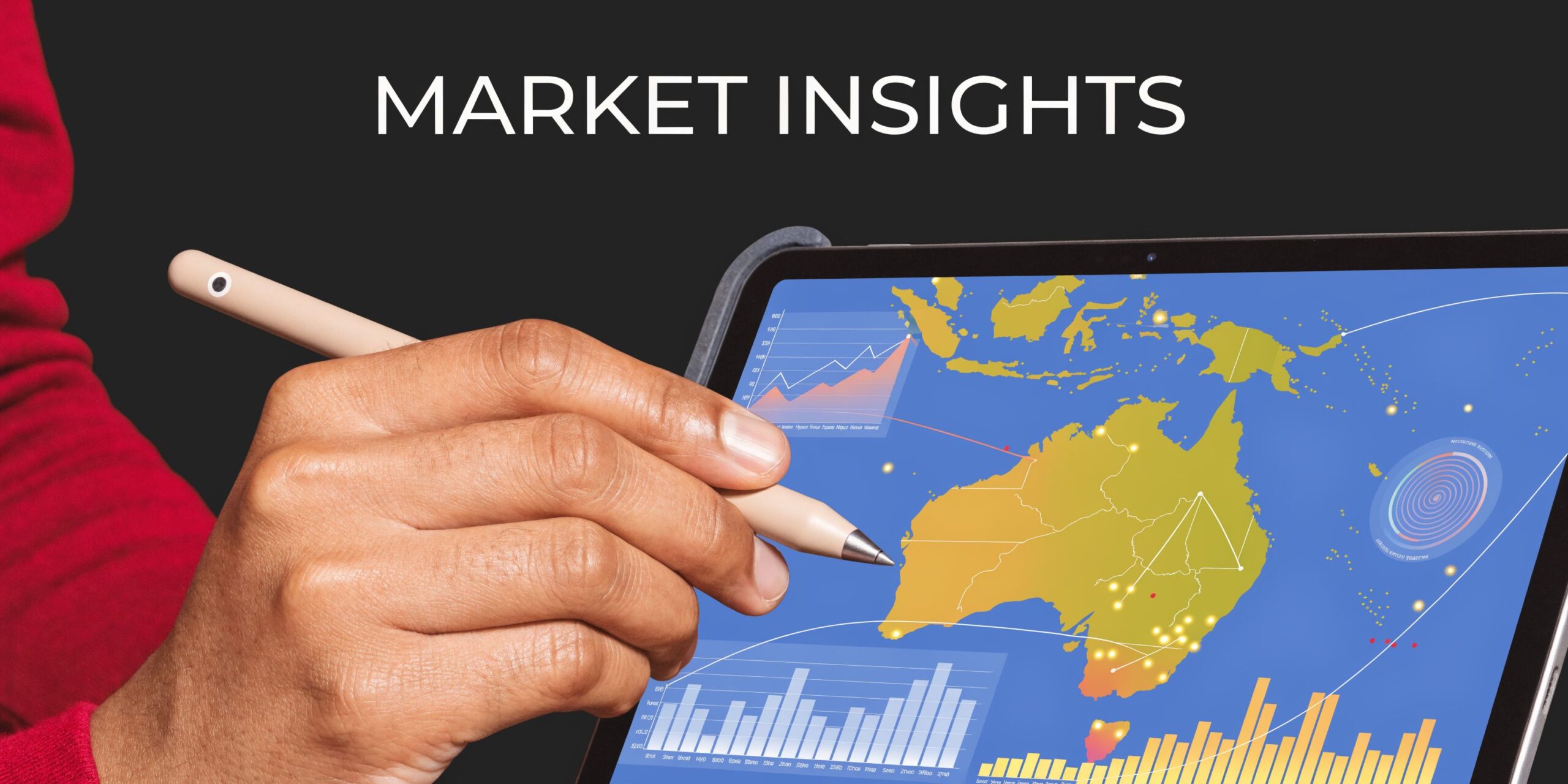A hand using a stylus to interact with a digital map of Australia featuring data visualizations.