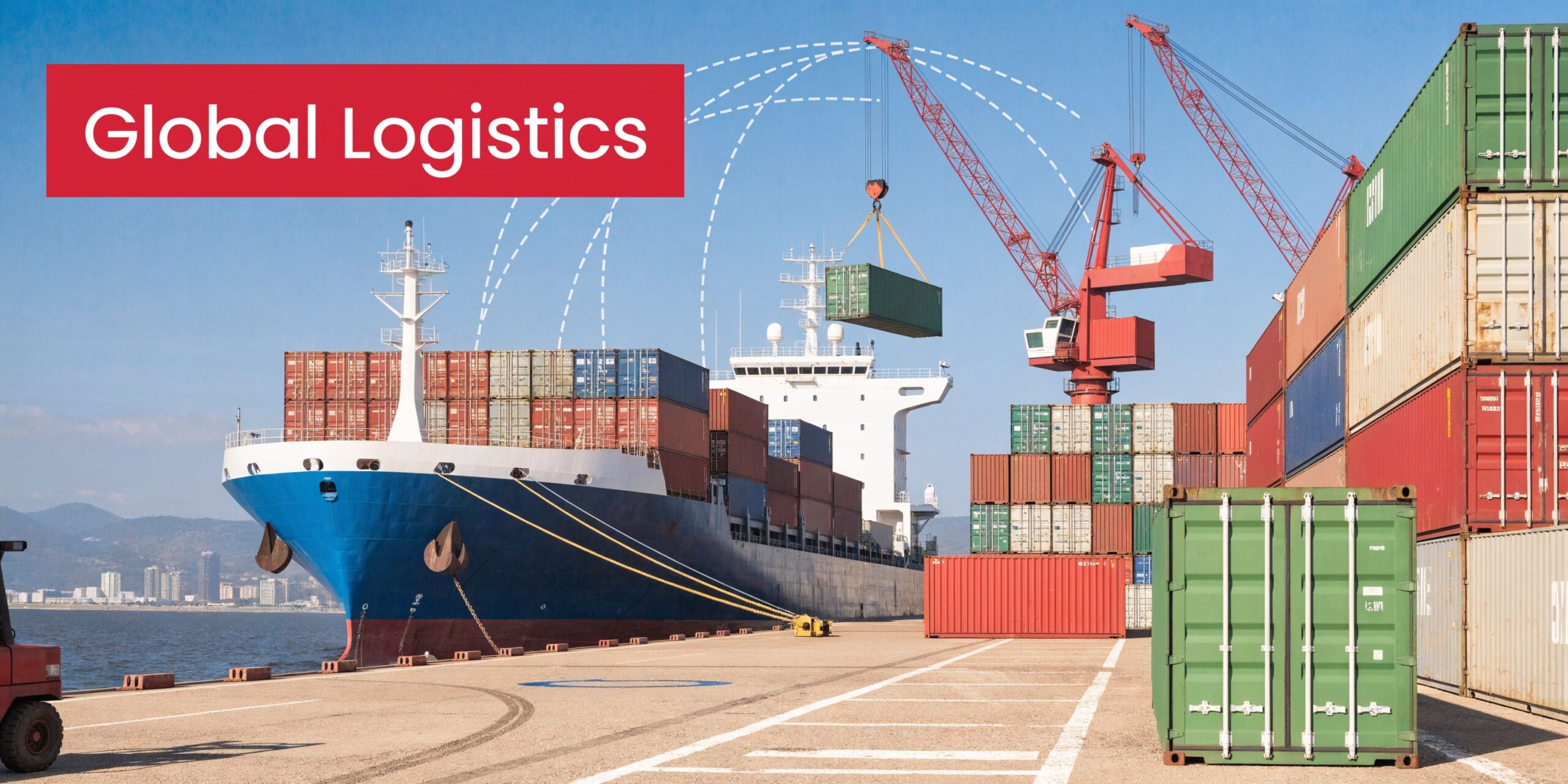 A large cargo ship being loaded with shipping containers by cranes at a busy international port terminal.