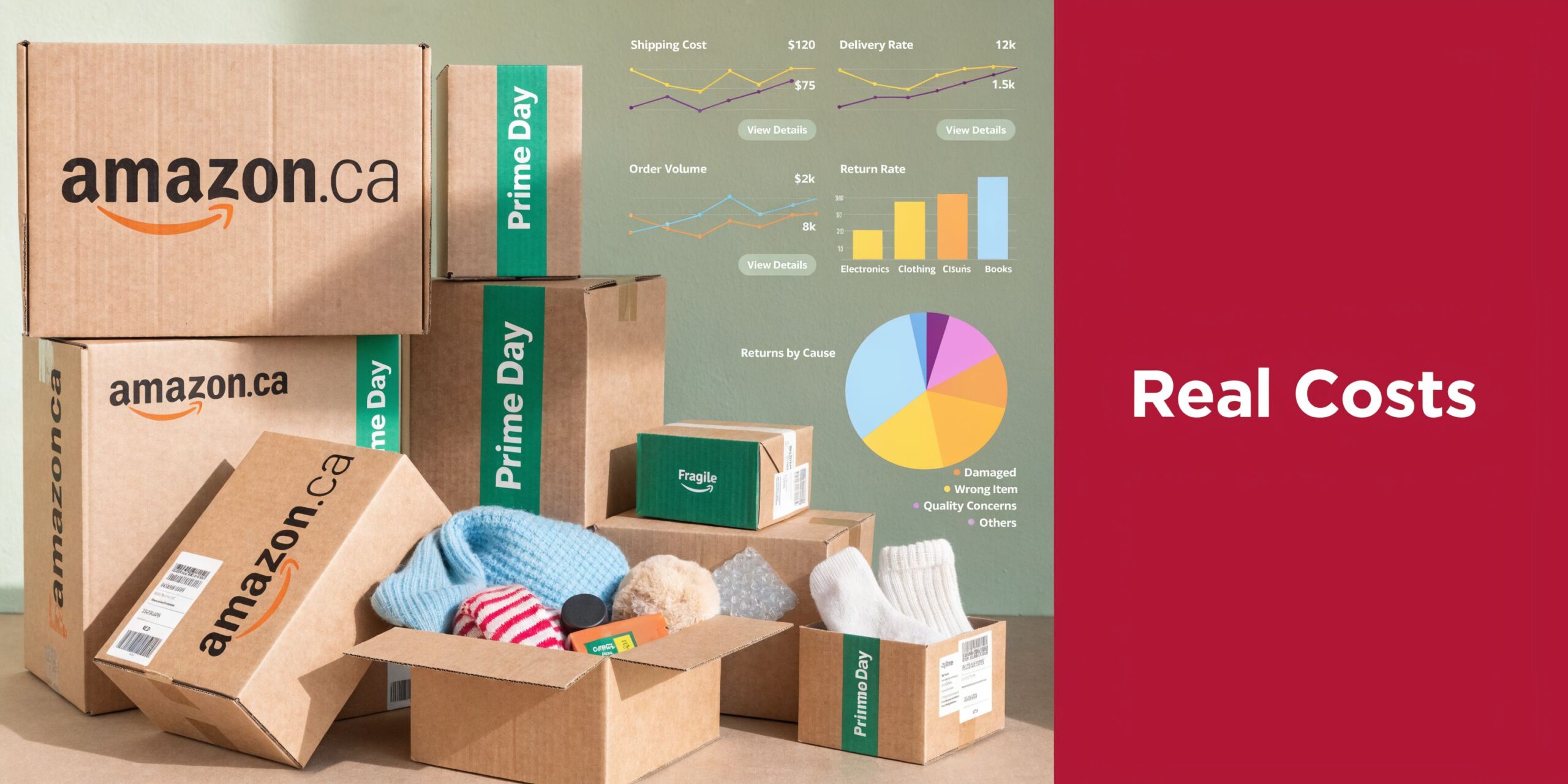 A stack of Amazon Canada cardboard boxes with business data charts displaying shipping and return costs.