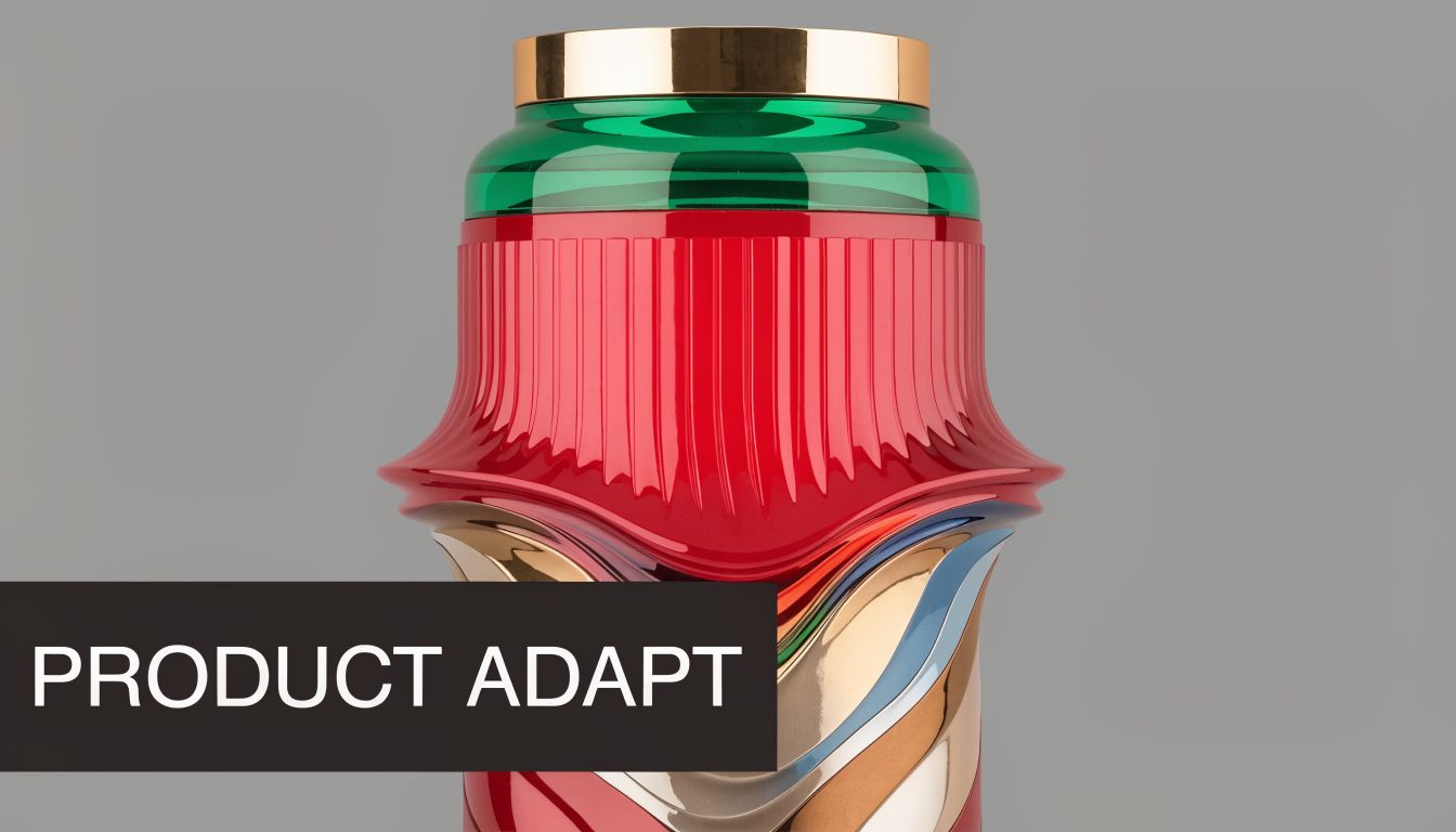 A close-up view of a decorative ceramic vase featuring red, green, and metallic abstract wavy design elements.