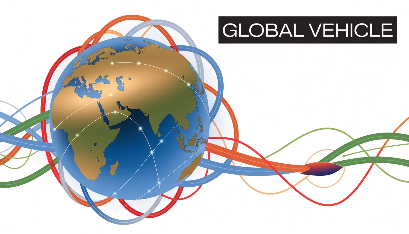 A stylized globe icon with swirling colored lines and a rocket shape representing global vehicle logistics.