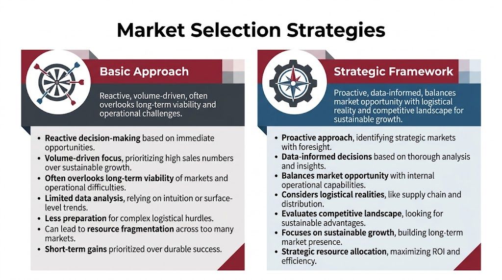 A comparison chart outlining the differences between reactive basic market selection approaches and proactive strategic frameworks.