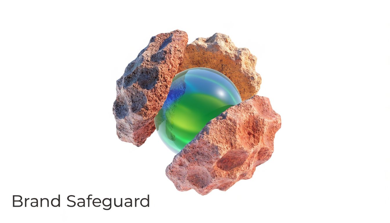 A glossy blue and green sphere protected by rugged, rocky shells against a clean white background.