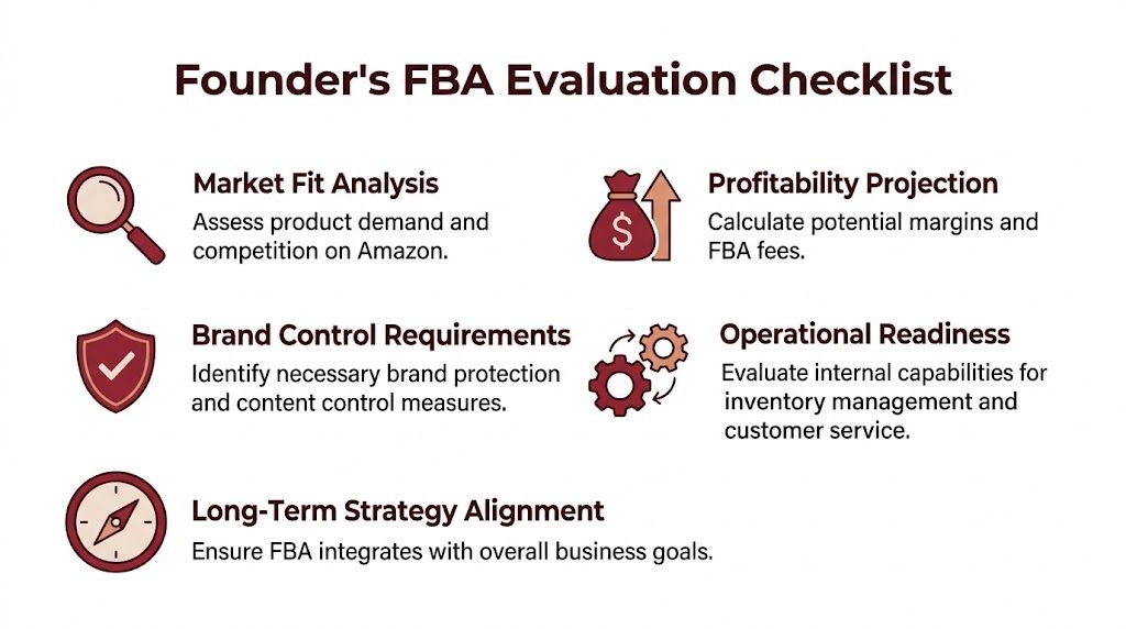 A checklist for founders outlining key evaluation factors for Amazon FBA business decisions and strategies.
