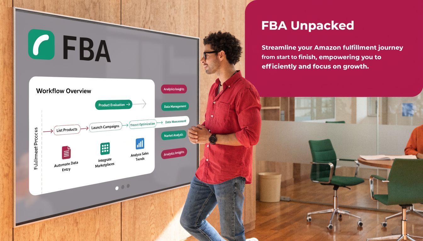 A man observing an interactive digital display screen showing an Amazon FBA workflow overview and business strategies.