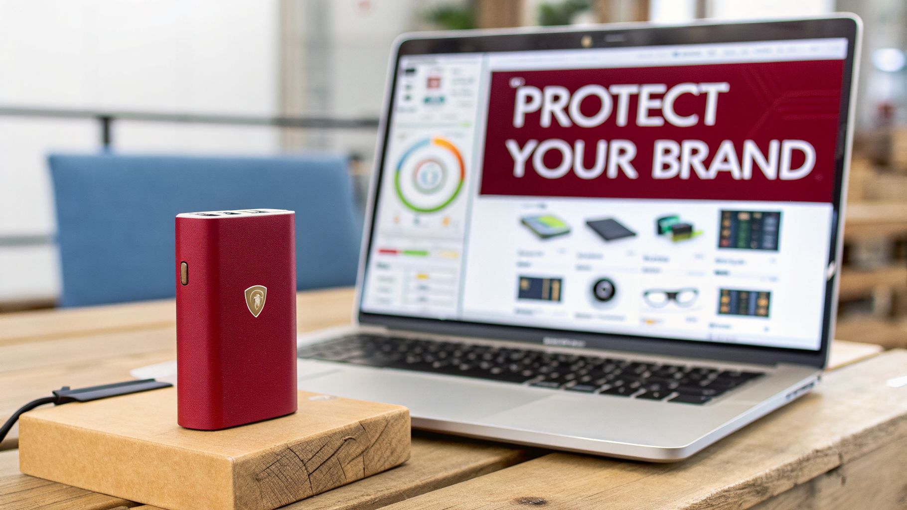A red power bank with a golden logo on a wooden desk, next to a laptop displaying 'Protect Your Brand'.