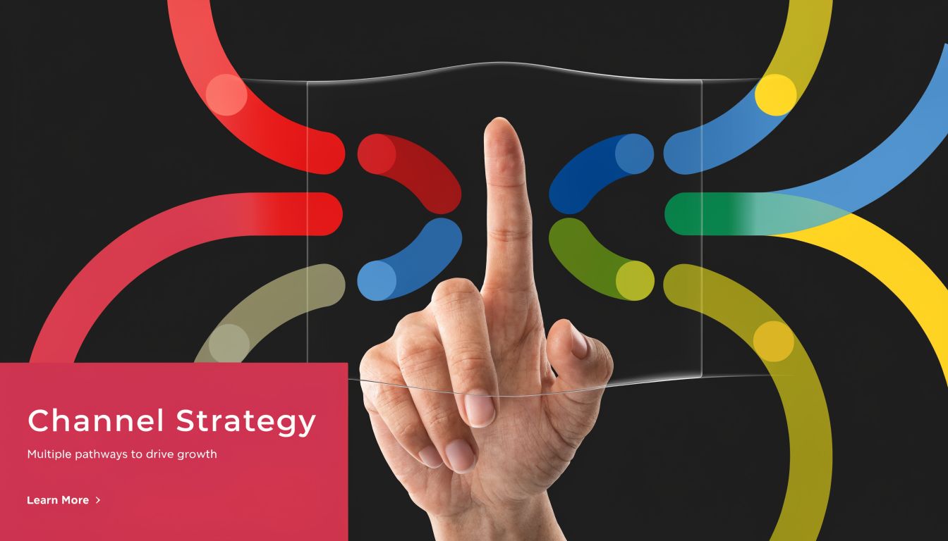 A hand touching a digital interface with colorful lines representing interconnected channel strategy pathways for business growth.