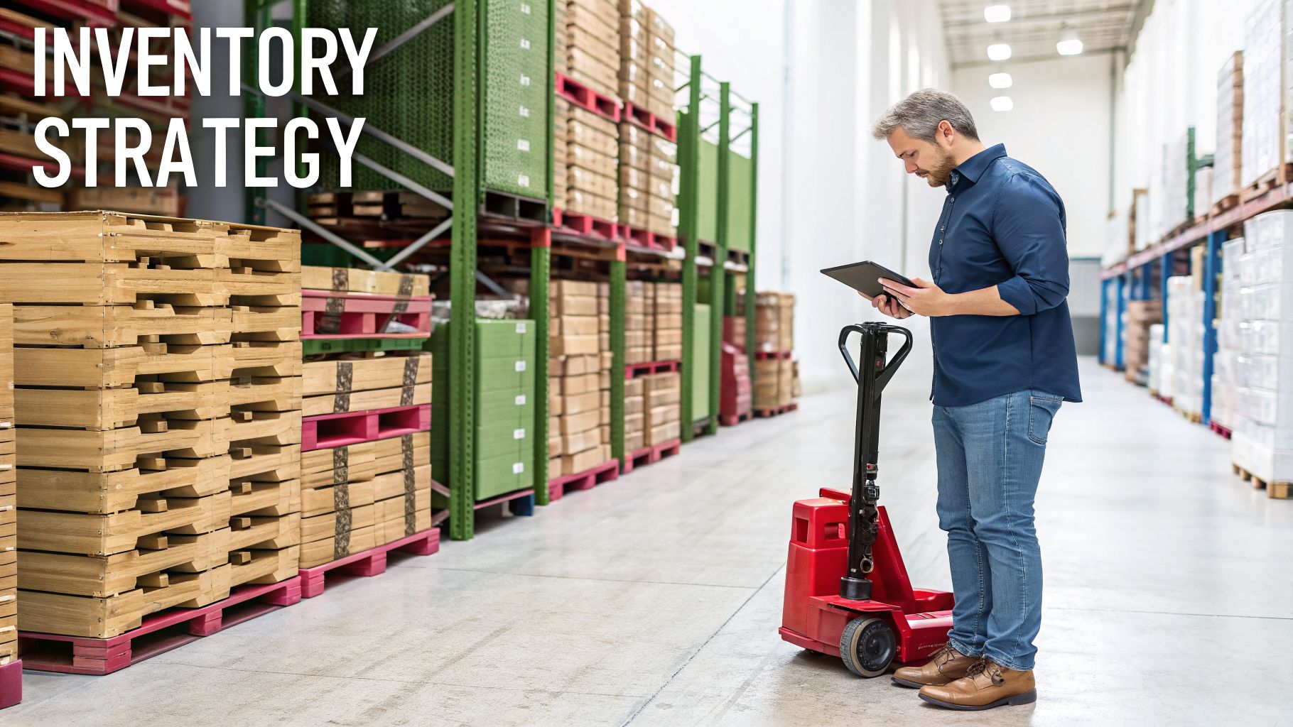 A man reviews inventory strategy on a tablet in a large warehouse with shelves of goods.
