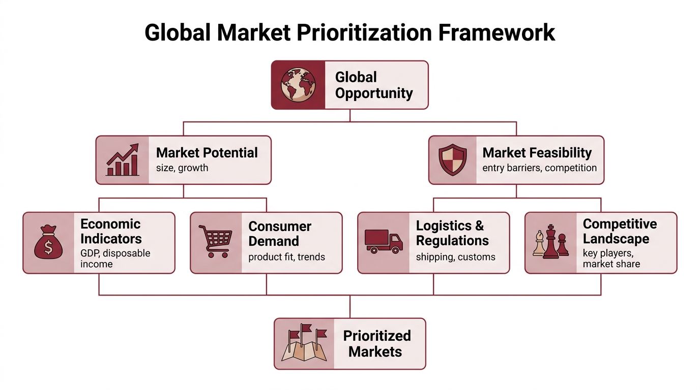 A flowchart titled Global Market Prioritization Framework illustrating the process for identifying and selecting international business markets.