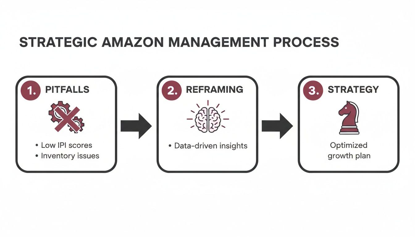 Strategic Amazon management process showing common pitfalls, reframing with data insights, and an optimized growth strategy.