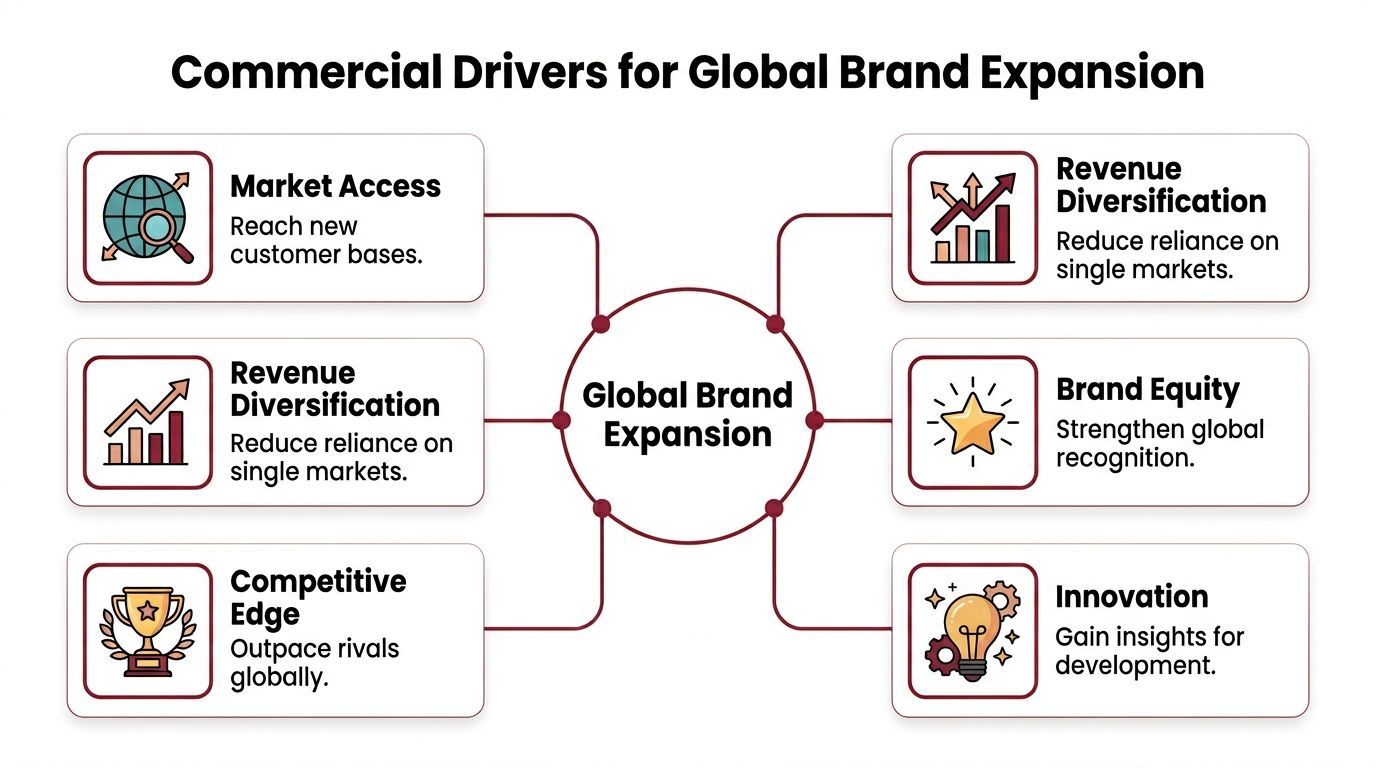 A diagram outlining six commercial drivers for global brand expansion including market access, revenue diversification, and innovation.