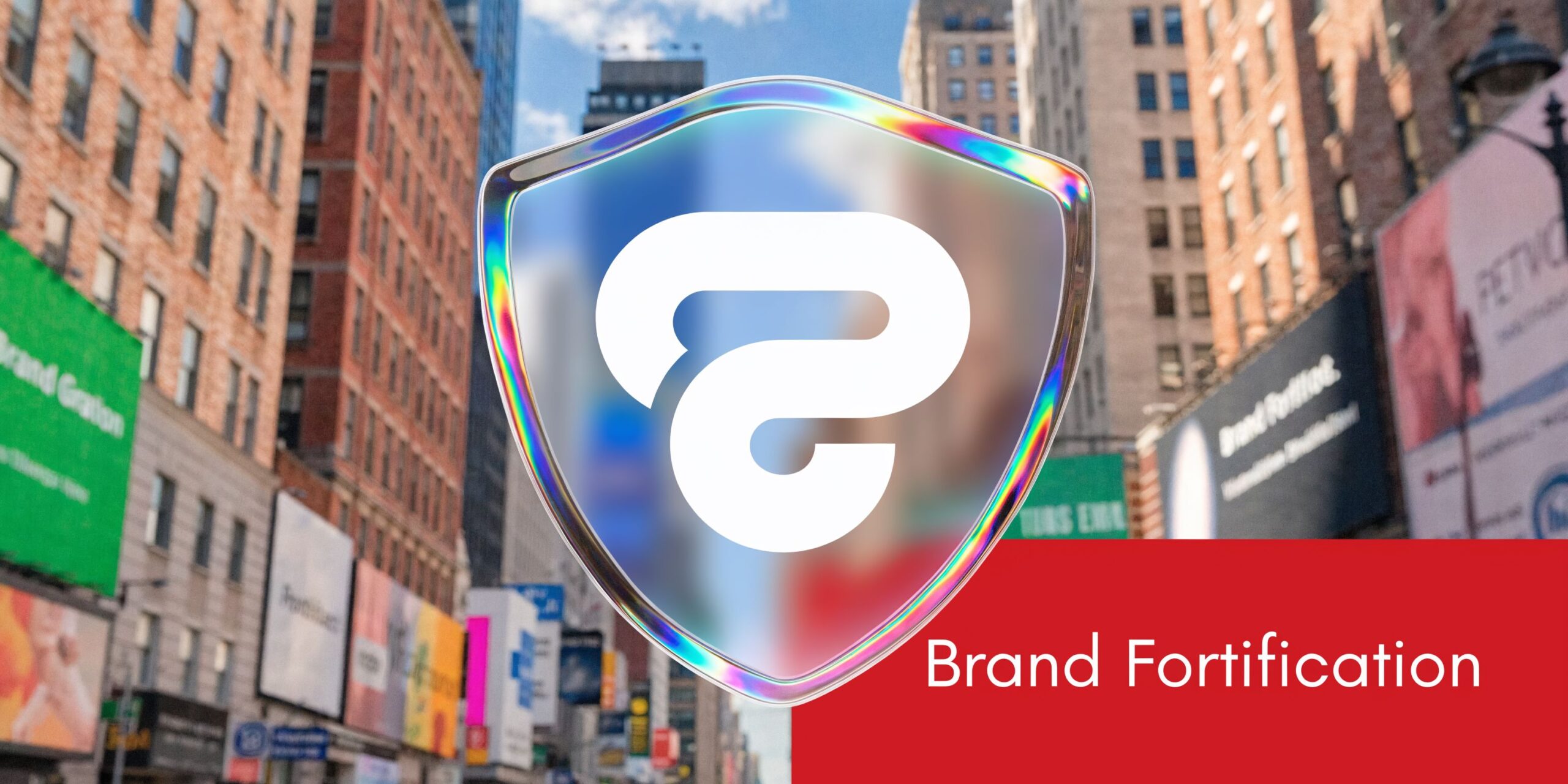 A glossy 3D shield icon with a white logo floating above a blurred city street background.