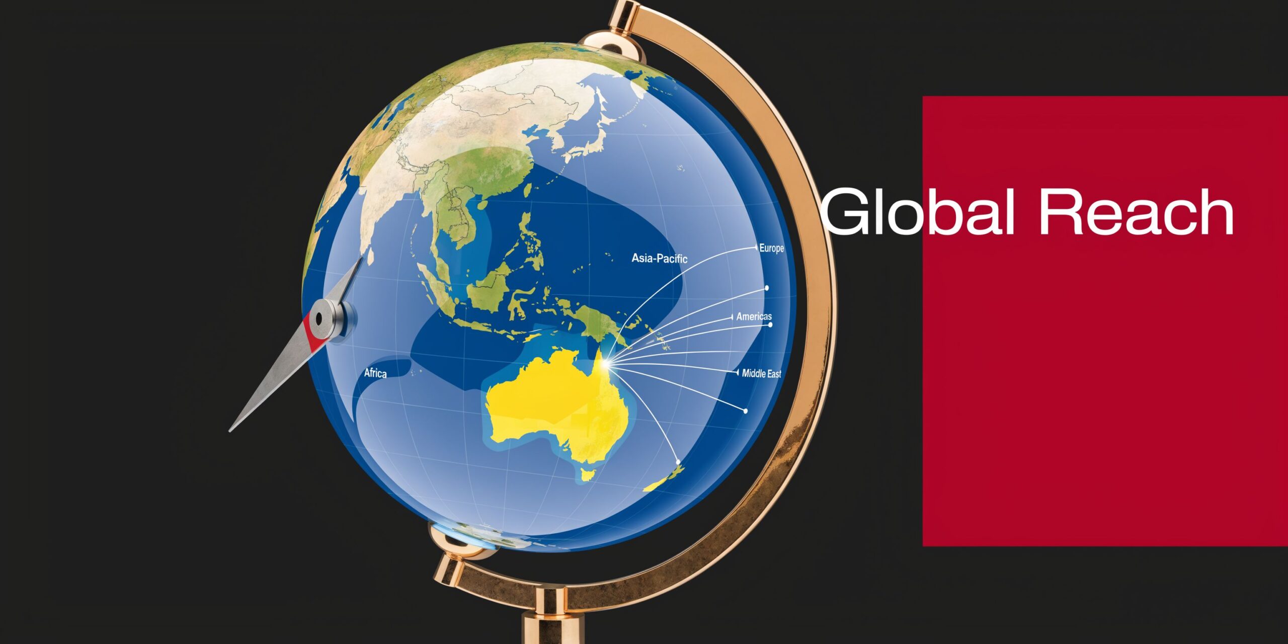 A glossy globe with a compass needle pointing towards Australia, highlighting global reach and international business connections.