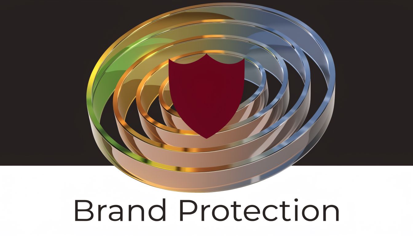 A symbolic graphic featuring metallic overlapping rings and a dark red shield representing brand protection services.