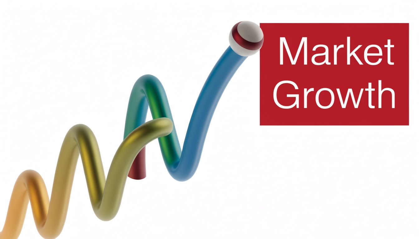 A 3D render of a colorful rising line graph illustrating positive market growth trends on white background.