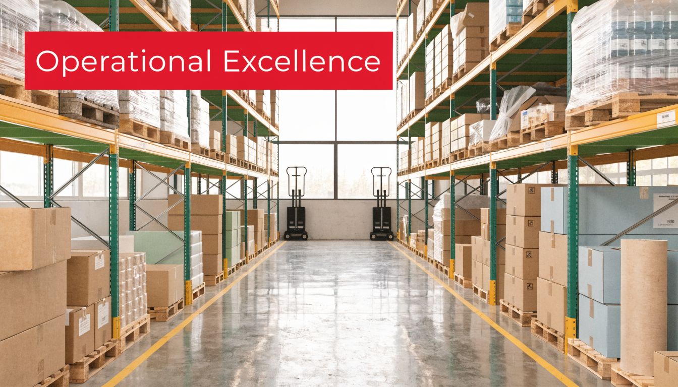 An empty warehouse aisle featuring organized inventory on industrial shelves and two standing forklift machines.
