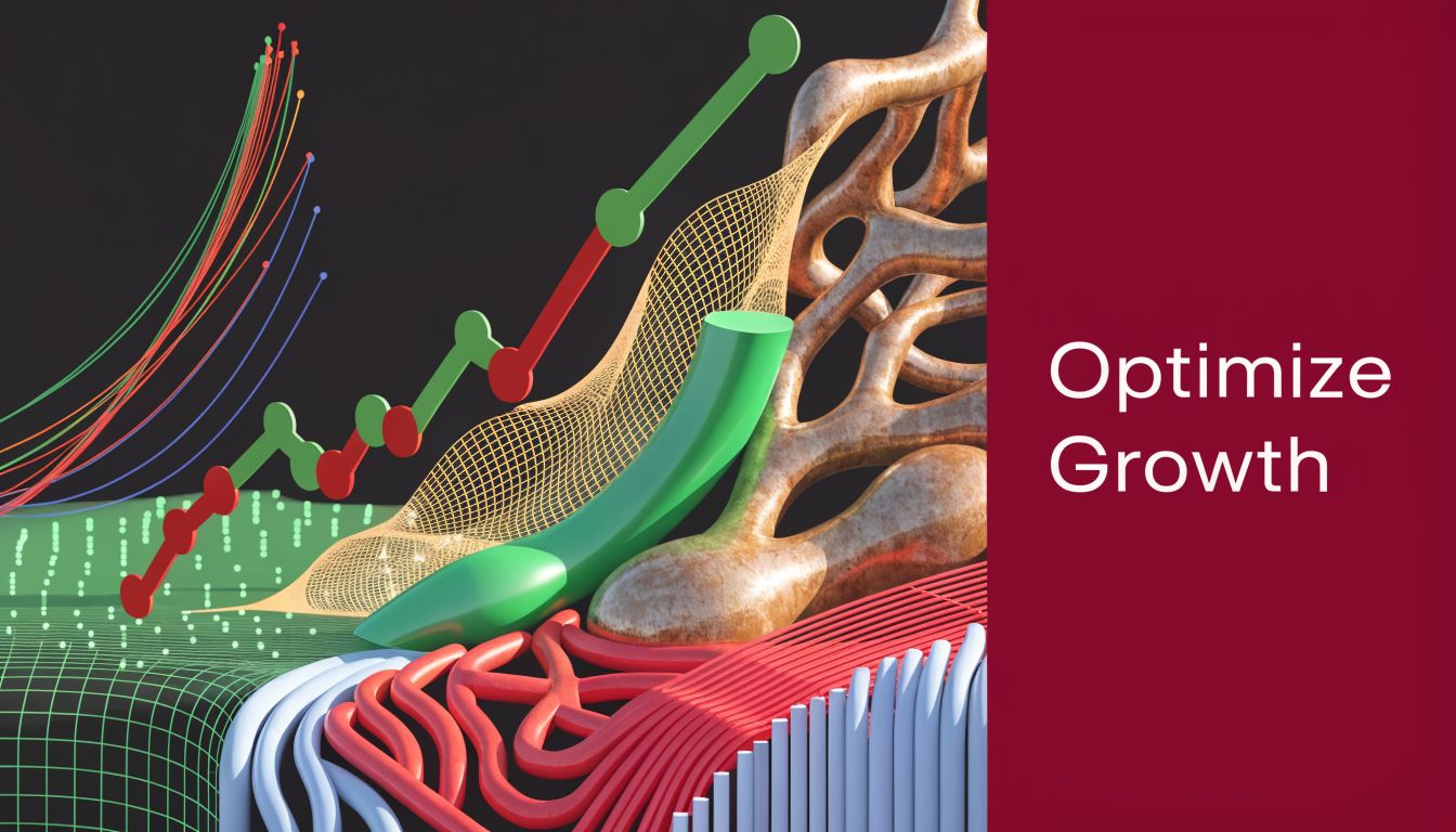 Abstract 3D digital illustration representing business growth with graphs, data lines, and organic structural patterns.