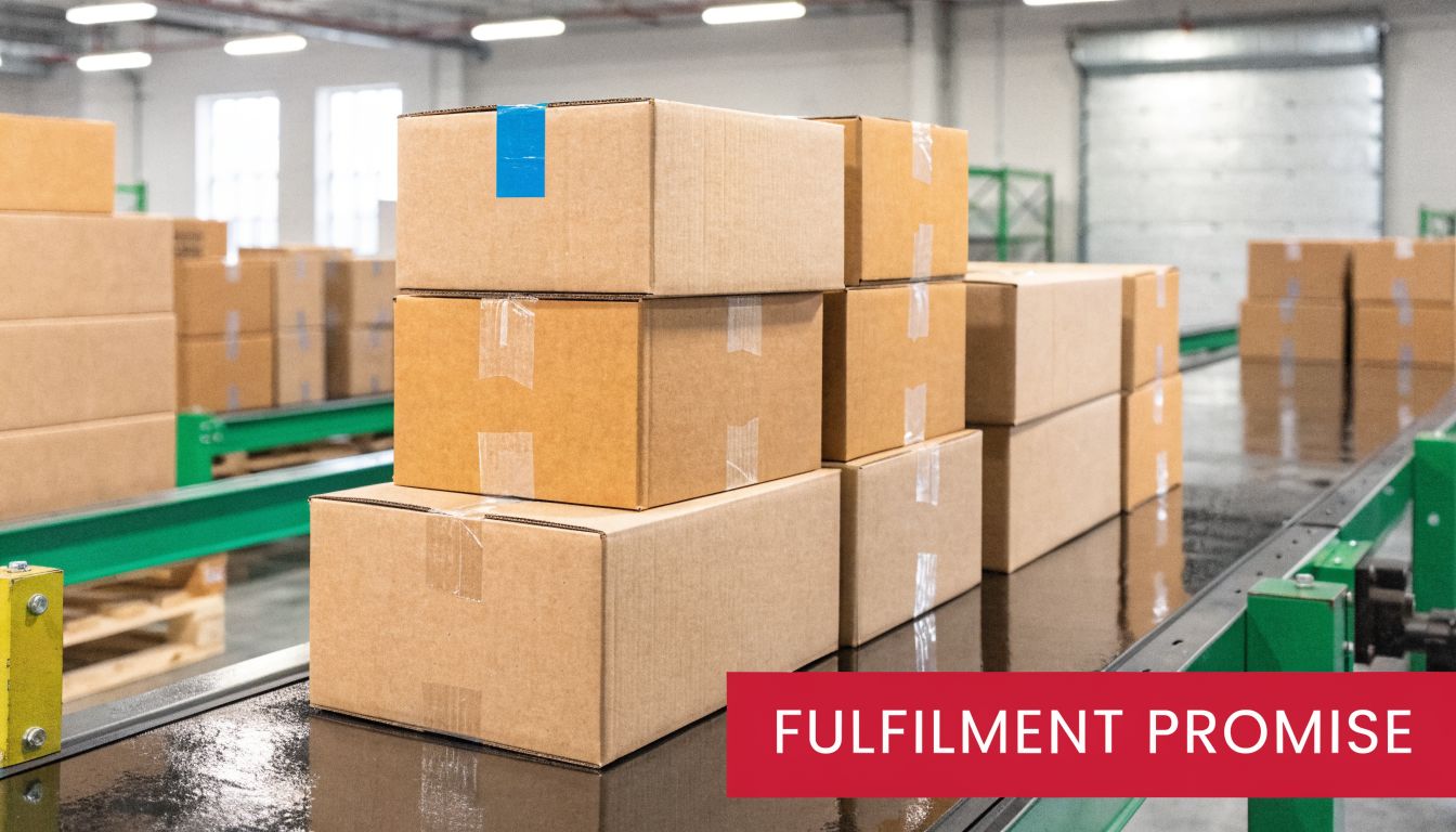 Cardboard boxes moving along an industrial conveyor belt in a large, modern fulfillment warehouse.