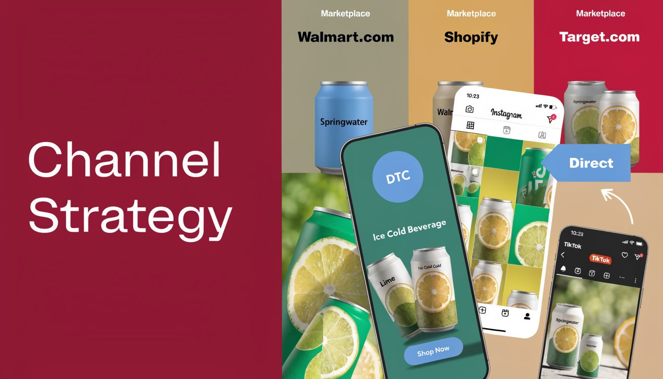 A marketing graphic showing various digital sales channels including marketplaces like Walmart, Shopify, and social media platforms.