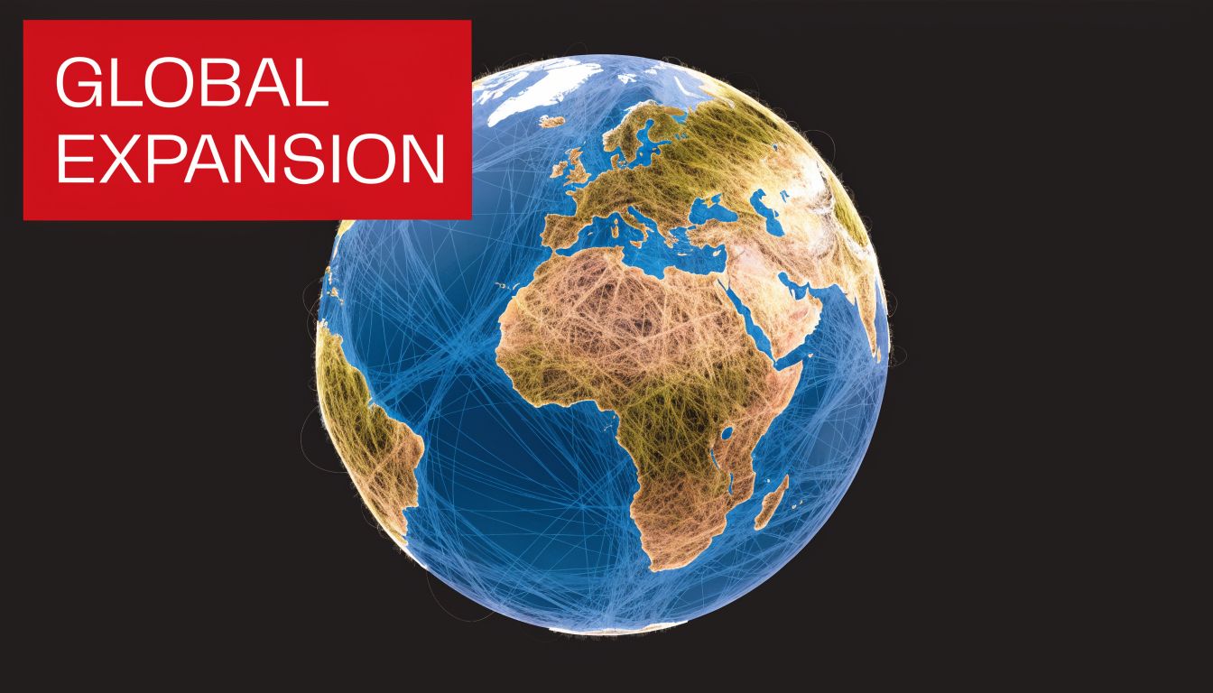 A stylized globe featuring glowing blue and gold lines representing global connectivity and international business networks.