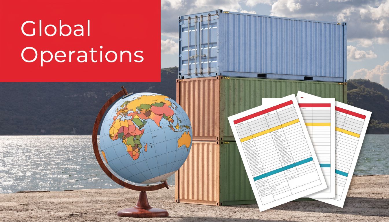 A stack of shipping containers and a globe with a chart representing global logistics operations.