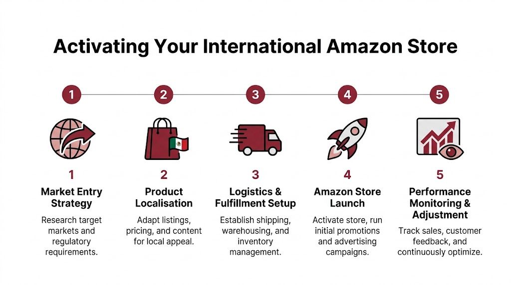 A five-step infographic showing the process for activating and launching an international Amazon store.