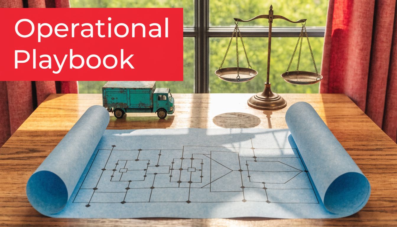 A red banner reading Operational Playbook sits above a desk with a toy truck and a scale.