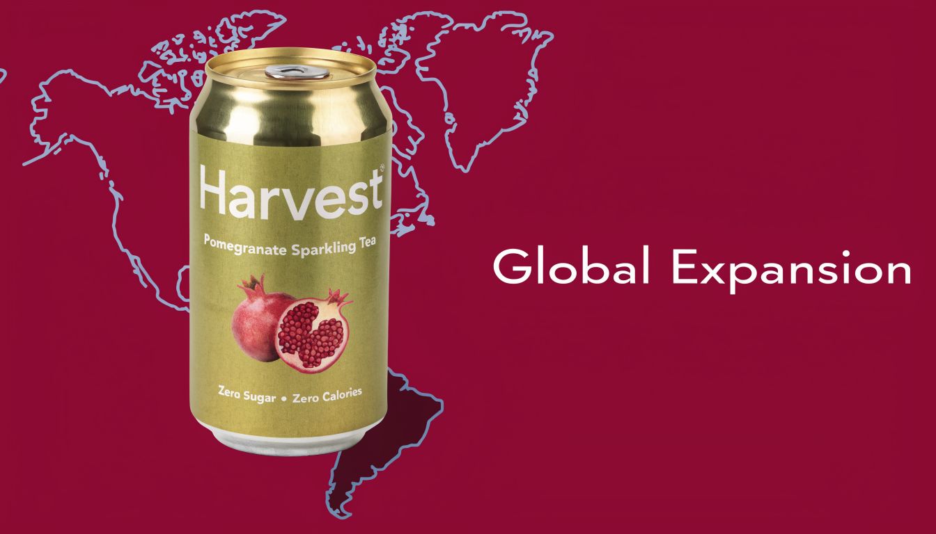 A can of Harvest Pomegranate Sparkling Tea displayed over a background map for global expansion marketing.