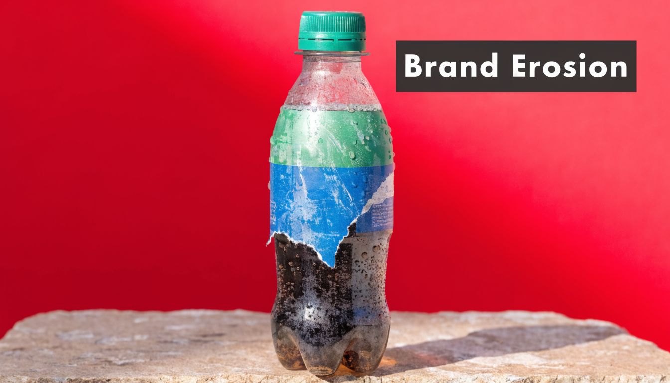 A plastic soda bottle with a torn, damaged label sitting on a stone surface against red background.