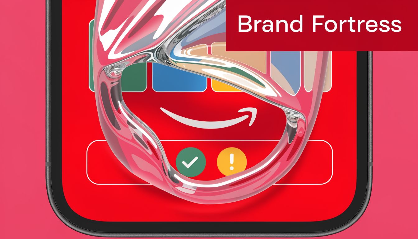 A digital graphic featuring an abstract 3D glass shape over an Amazon logo on a smartphone screen.