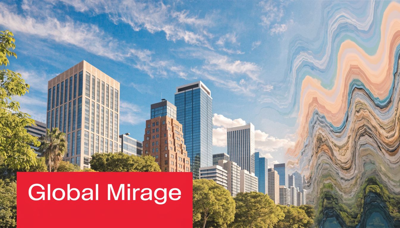 A modern city skyline transitions into an abstract, swirling oil-like pattern under a bright blue sky.